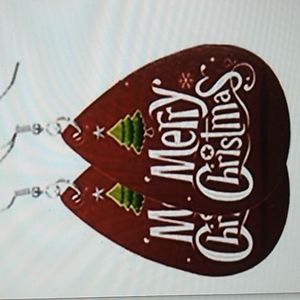 1.5 x 3 inches punched fake leather Christmas earrings Merry Christmas in Red.